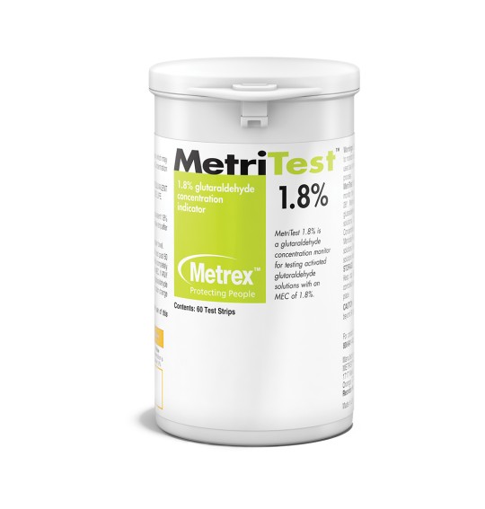 Strips Indicator Glutaraldehyde MetriTest 1.8% Pad for use w/28 day solution Single Use (60/PK) (120/CS) by Metrex Research Corporation  ID 10-304